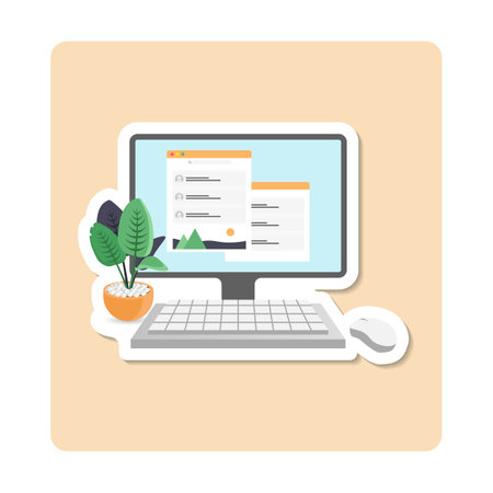 Computer sticker illustration. Monitor, keyboard, mouse, plant. Editable vector graphic design.のイラスト素材