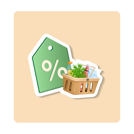 Sale sticker illustration. Basket, products, percent, label. Editable vector graphic design.のイラスト素材