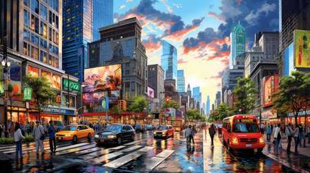 Downtown bustle watercolor illustration - Generative AI. Downtown, people, crowd, cars, street.の写真素材