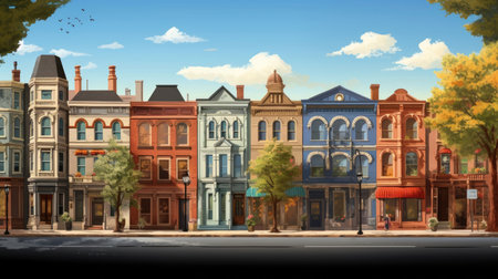 Historic district watercolor illustration - Generative AI. Historic, building, street, blue, sky.の写真素材