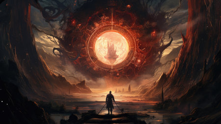 Mystic portal abstract illustration - Generative AI. Warrior, rock, portal, red, light.