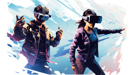 Virtual reality gaming enthusiasts cartoon illustration - Generative AI. Virtual, reality, glasses,...