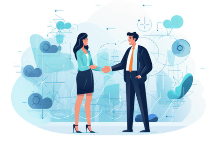B2B business to business transactions or relations cartoon illustration - Generative AI. Man, woman, handshake, gears.の写真素材
