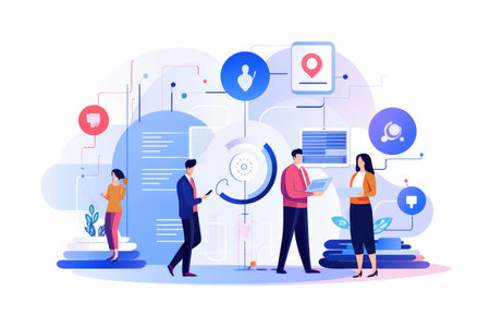 Customer relationship management cartoon illustration - Generative AI. Office, people, monitor, table, gear.の写真素材