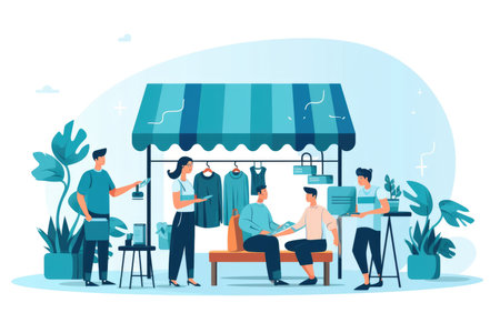 E-commerce cartoon illustration - Generative AI. Store, building, showcase, person.の写真素材