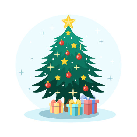 Christmas tree decorated with red balls and golden stars standing near gift boxesのイラスト素材