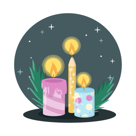 Three colorful candles burning during christmas nightのイラスト素材