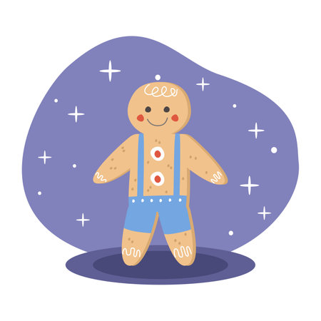 Cute gingerbread man smiling wearing blue overalls on purple backgroundのイラスト素材