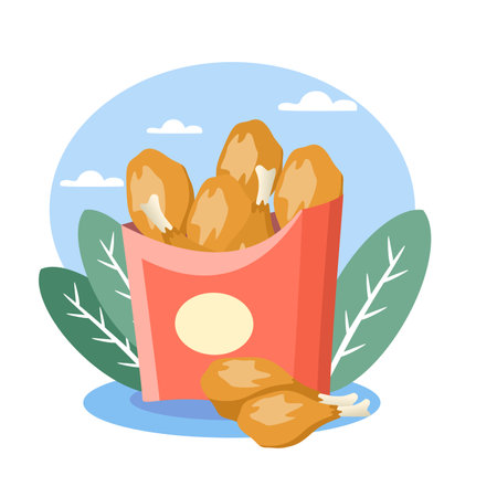 Crispy fried chicken legs overflowing from cardboard bucketのイラスト素材