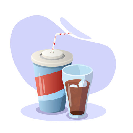 Paper cup with straw and glass with ice cubes containing soda is refreshing on hot summer dayのイラスト素材
