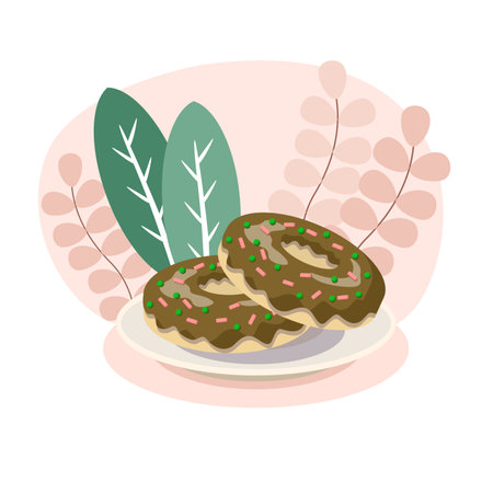 Two chocolate donuts with green and pink sprinkles are lying on a plateのイラスト素材