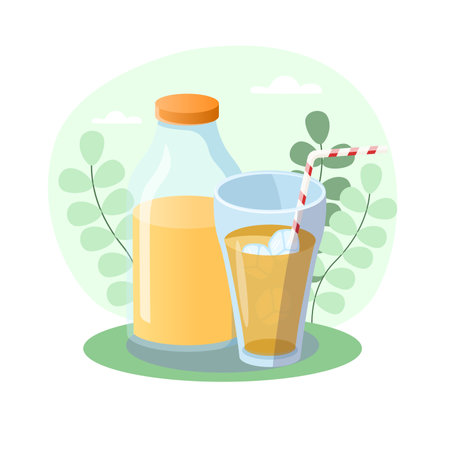 Refreshing orange juice in glass and bottle with ice and straw on green backgroundのイラスト素材
