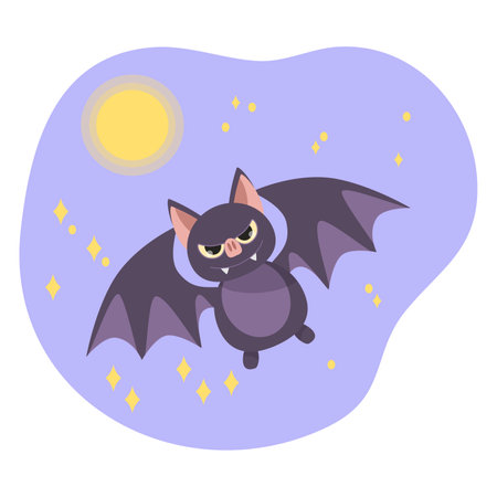 Cute purple bat flying at night with full moon, halloween illustrationのイラスト素材