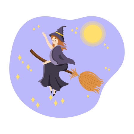 Young redhead witch flying on a broom under the full moonのイラスト素材