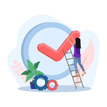 Businesswoman climbing up to put big check mark in circle using ladderのイラスト素材