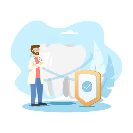 Dentist standing near big tooth and shield presenting dental care and teeth protection insuranceのイラスト素材