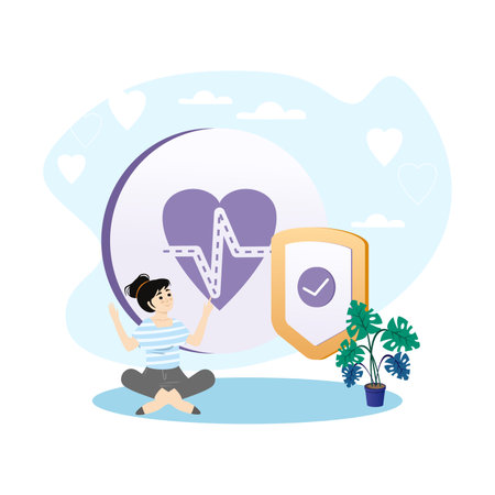 Young woman protecting her health with insurance shield and heartbeat symbolのイラスト素材