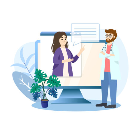Doctor explaining diagnosis to patient through video call on computer, telemedicine conceptのイラスト素材