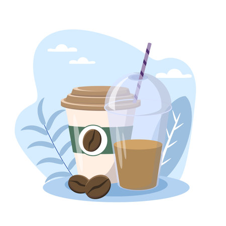 Two paper coffee cups and coffee beans on a tableのイラスト素材