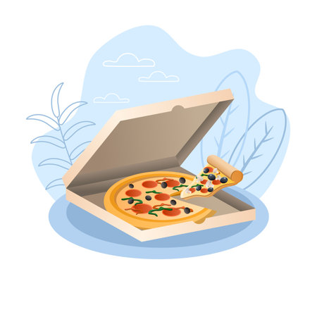 Delicious pizza being delivered in a cardboard boxのイラスト素材