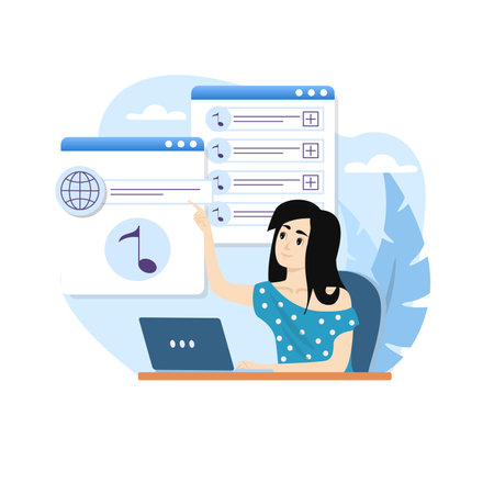Young woman choosing song on streaming platform using laptop at home officeのイラスト素材