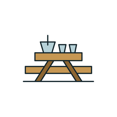 Picnic table with cooler and cups standing on the groundのイラスト素材