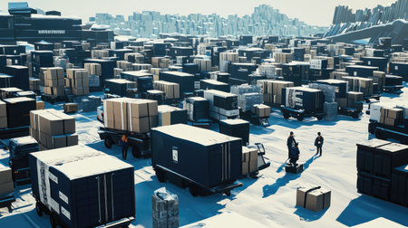 Warehouse workers moving cardboard boxes using platform trucks at sunsetの素材