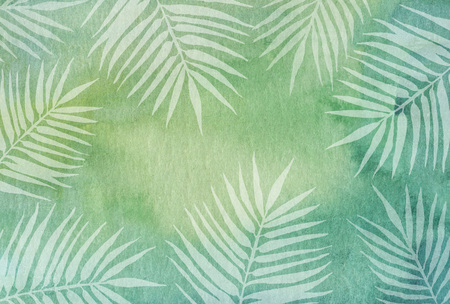 Watercolor green background with white palm leaves.の写真素材