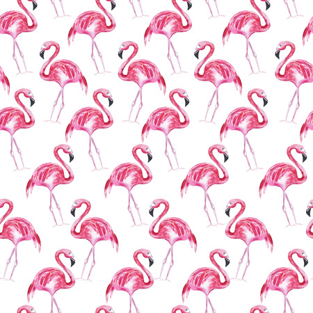 Seamless pattern with pink flamingo on a white background. Watercolor illustration.の写真素材