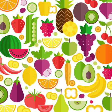 Fruits and vegetables background. Organic and healthy food. Flat style, vector illustration.のイラスト素材