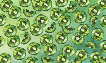 Kiwi fruit background. Watercolor illustration on a green background.の写真素材