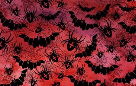 Halloween red watercolor background with black silhouettes of bats and spiders. Happy Halloween!の写真素材
