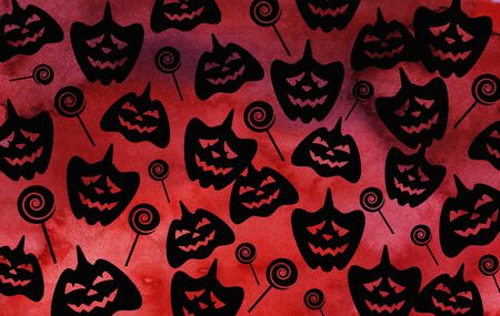 Halloween red watercolor background with black silhouettes of pumpkins and candies. Happy Halloween!の写真素材