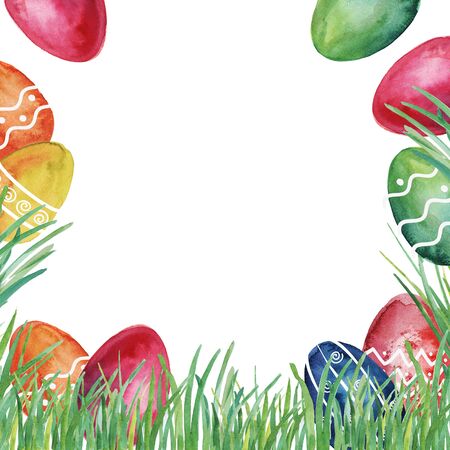 Square Easter decorative frame with colorful watercolor Easter painted eggs in various colors and...