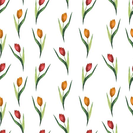 Watercolor seamless pattern with yellow and red tulips.の写真素材