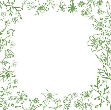 Hand drawn frame of flowers. Vector illustration. Doodle lines.のイラスト素材