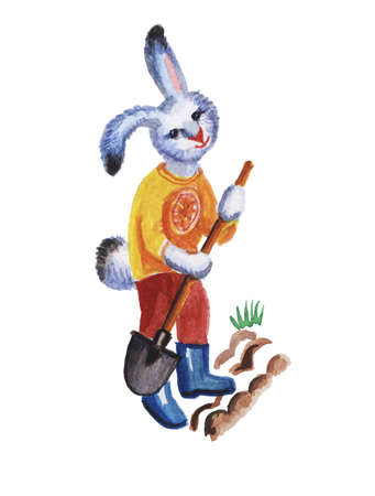Cute rabbit with a shovel working in the garden. watercolor illustration.の写真素材