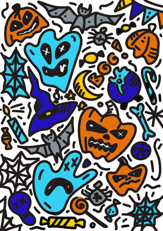Hand drawn Happy Halloween color doodle. Cute halloween icons, Happy Halloween illustrations.の写真素材