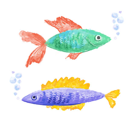 Colorful fish with bubbles on a white background.の写真素材