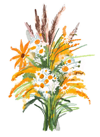 Watercolor bouquet of wildflowers on a white background.の写真素材