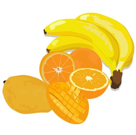 Vector stock illustration of fruits mango orange banana. Tropical dessert. Exotic fruit yellow in color. Fresh, sweet, and ripe foods. template for the label. Isolated on a white background.のイラスト素材