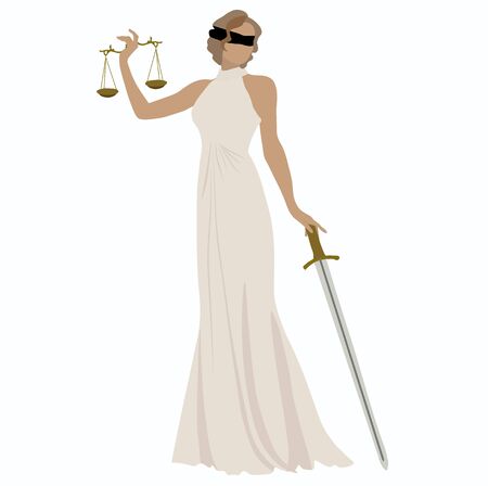 Vector stock illustration of the statue of Themis legal. Greek goddess of justice. Judicial logo for lawyer and Prosecutor. Scale and a sword in her hands and blindfold over her eyes.のイラスト素材