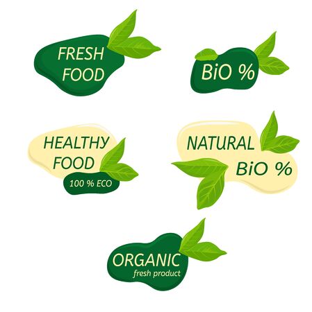 Organic healthy food labels and vegan products badge, nature farmed food tags. Vector design elements image gluten free and bio stickers or green tag natures quality isolated on a white backのイラスト素材