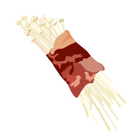 Vector stock illustration of natural raw white mushrooms Enoki with hats on legs. For cooking tempura, chikuwa, tempura udon noodles. Asian cuisine, Korean Chinese Japanese Golden needle mushroomのイラスト素材