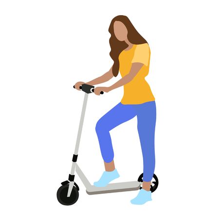 Vector stock illustration of a girl on an electric scooter a Fun ride of a person around the city. Movement, active lifestyle on the street. Sports, active lifestyle, leisure, entertainment. Isolatedのイラスト素材