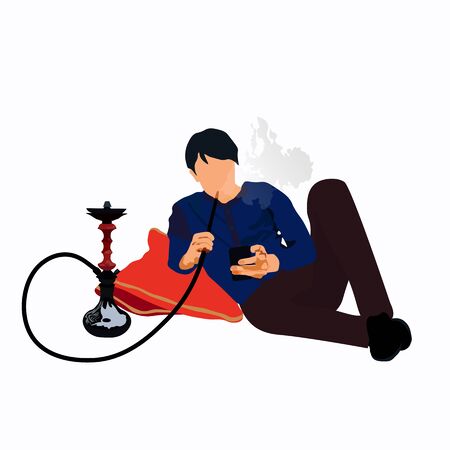 Vector stock illustration of hookah and hookah smoker in Douma lying on pillows. A man smokes lying in gute Pfeife and lets rings of fragrant smoke. For clubs Hookah night Night Hookah Design Templateのイラスト素材
