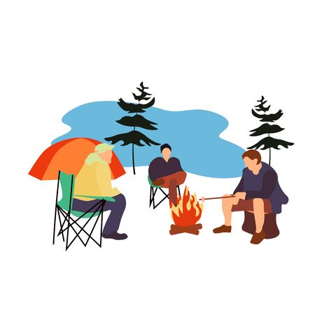 Vector stock illustration of a tent, campfire, tourists, outdoor recreation. Picnic in the woods by the lake. People are resting in the fresh air with an overnight stay. Camping Weekend trip. Camp.のイラスト素材