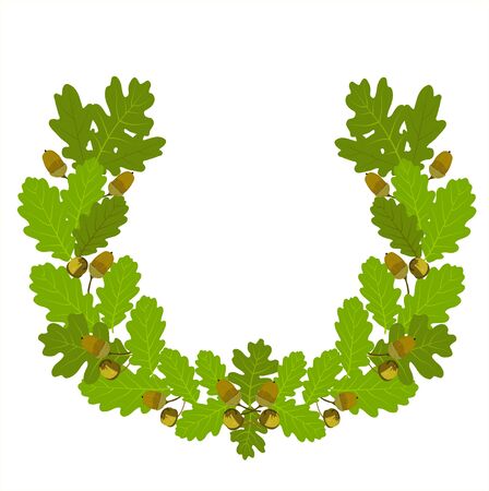 Vector stock illustration of oak leaf crown. Wreaths depicting an award, achievement, heraldry, nobility, emblem. Green oak leaves and acorns. Oak crown. California red oak branch. Hazelnut close-up.のイラスト素材