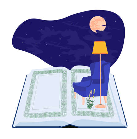 Vector stock illustration of home comfort. Reading a book at night in a blue armchair. Sticker for an online store. Children's story. Home library. Night sky. Isolated on a white background.のイラスト素材