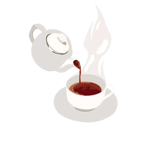 Vector stock illustration of a Cup with a teapot. Pour hot black tea into a Cup and saucer. English tea party. Porcelain service in vintage style. Isolated on a white background.のイラスト素材